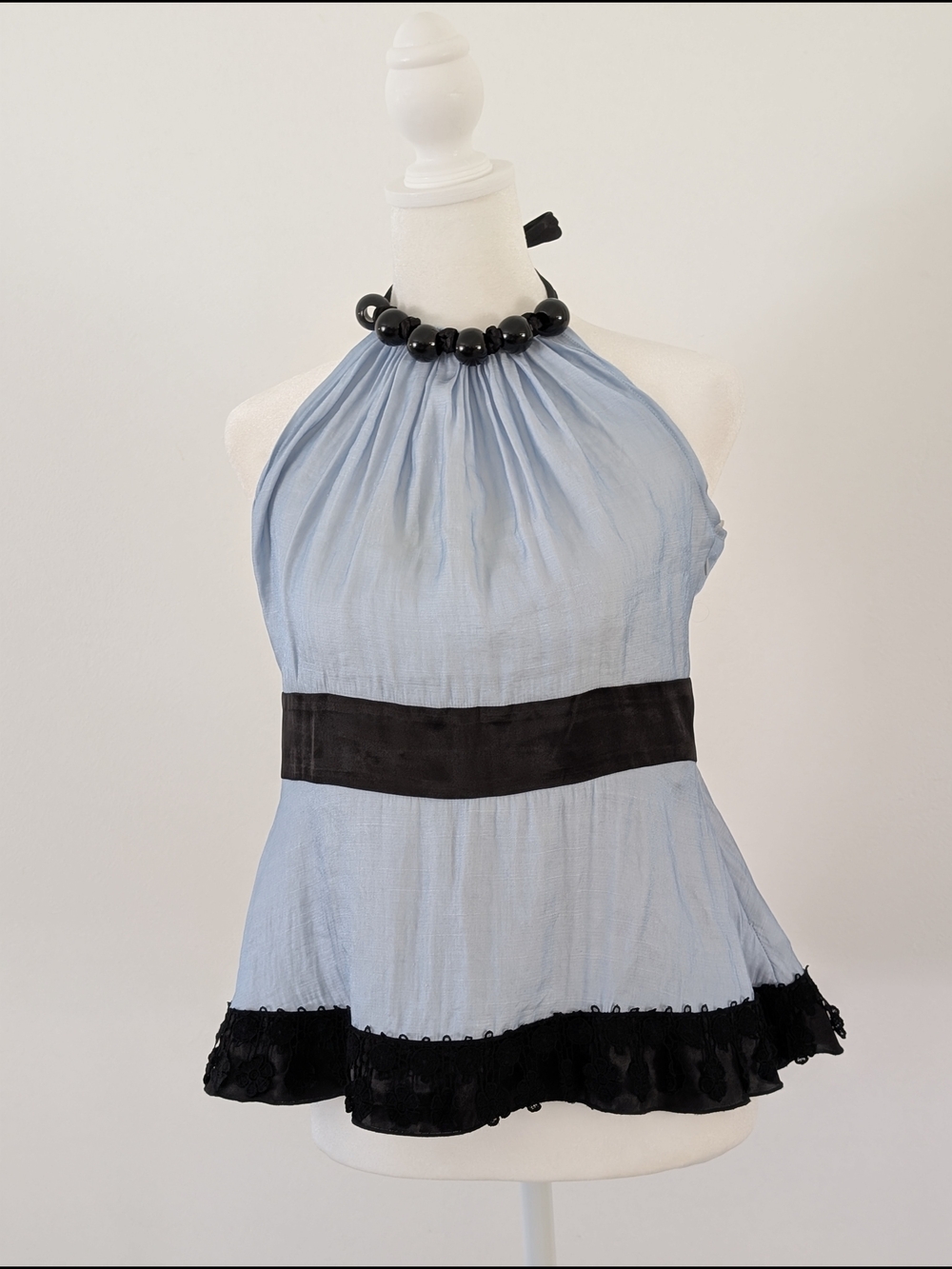 Jennifer Lopez Blouse Women L Light Blue Halter Neckline Black Beaded Accents